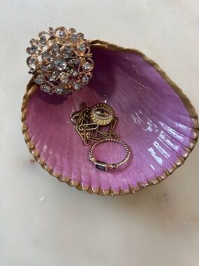 HANDMADE One of a Kind Violet Shell Trinket Tray w Gold Broach Accent